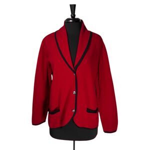 Chaps Ralph Lauren Women’s Cardigan 2X Red Black Trim Knit Silver Button Blazer